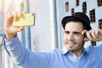 selfie, man modern hipster becoming photos with your phone