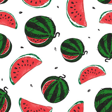 Water Melon Seamless Pattern Vector Illustration isolated on white background.