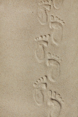 Cute baby footsteps on sandy beach with space for text or desighn
