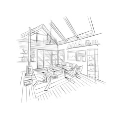 Hand drawn living room interior sketch design. Vector illustration