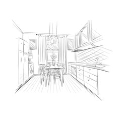Hand drawn kitchen interior sketch design. Vector illustration