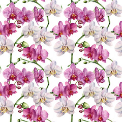 Watercolor floral pattern with orchids. Hand painted botanical ornament with white and violet flowers. For design, fabric or print.