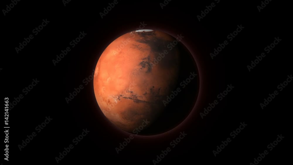Wall mural planet mars in outer space, spinning around its axis on a black background. seamlessly loopable comp