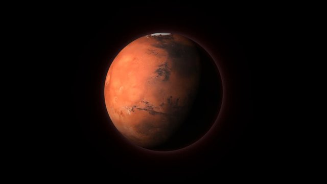 Planet Mars in outer space, spinning around its axis on a black background. Seamlessly loopable computer generated animation. Mars texture is public domain provided by NASA.