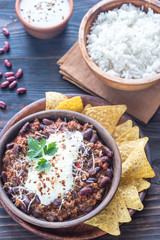 Bowl of chili con carne with white rice