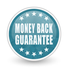 Money back guarantee brillant crystal design round blue web icon.