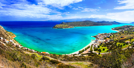amazing Crete - beautiful view of Plaka village and Spinalonga island, Greece - obrazy, fototapety, plakaty
