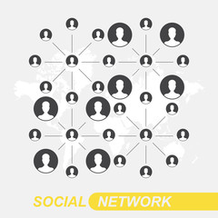 Communication people flat vector illustration on background world map. Social network concept.