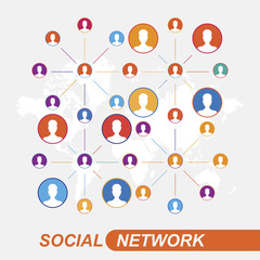 Communication people flat vector illustration on background world map. Social network concept.