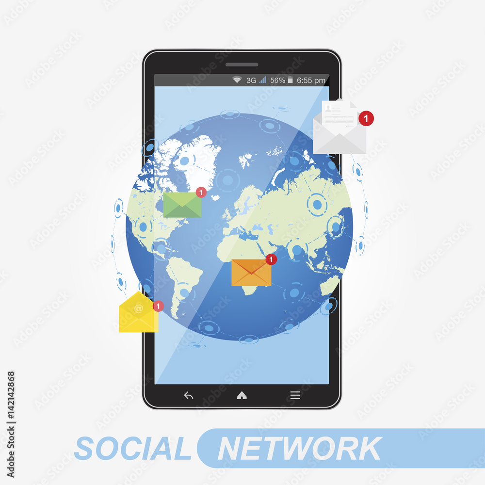 Poster social network concept. new message in smartphone on background world map, notification icons. flat 