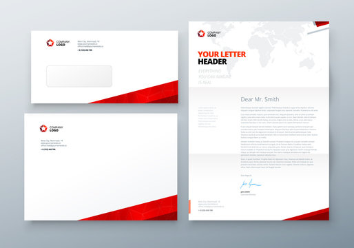 Envelope DL, C5, Letterhead. Red Corporate business template for envelope and letter. Layout with modern triangle elements and abstract background. Creative vector concept