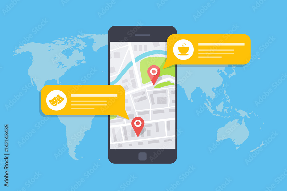Poster concept of a mobile map or navigator. pop-up dialog box with object description on the map.