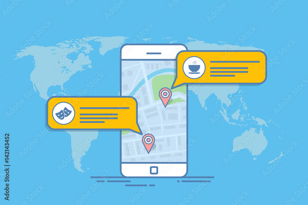 Poster concept of a mobile map or navigator. pop-up dialog box with object description on the map. thin lin