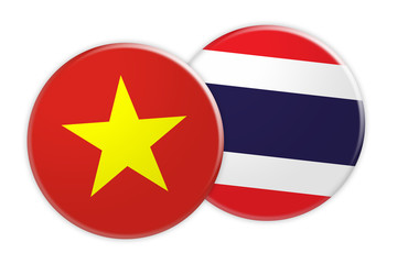 News Concept: Vietnam Flag Button On Thailand Flag Button, 3d illustration on white background