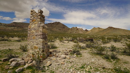 Ruins of a ghost town named Rhyolite Nevada. Gold mining town 1907-1920.