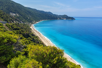 Panoramic view of Kokkinos Vrachos Beach with blue waters, Lefkada, Ionian Islands, Greece