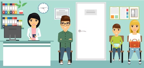 Young people sit waiting for the doctor. The nurse standing at the reception Desk. Health and medicine. Happy people.