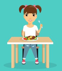 Little girl eats sitting at the table. The girl with a smile on her face. Holding a fork. Health. Happy child.