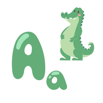 Cute zoo alphabet with cartoon animal crocodile isolated on white background and funny letter A wildlife learn typography cute language vector illustration.