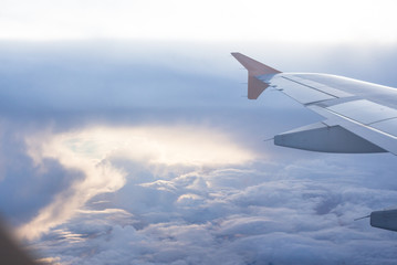 aerial top view from air plane flight high space with clear white cumulus cloud and cloudscape on blue sky