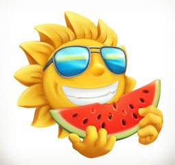 Fun summer sun with watermelon. 3d vector icon