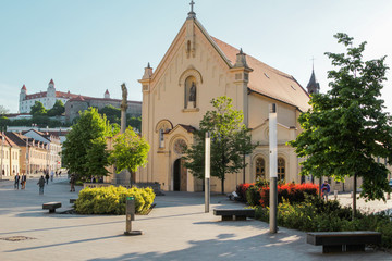 BRATISLAVA, SLOVAKIA- April 30, 2016: Zupne namestie. Capuchin Church and Monastery.