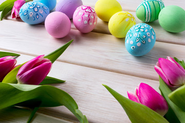 Easter background with hand decorated eggs