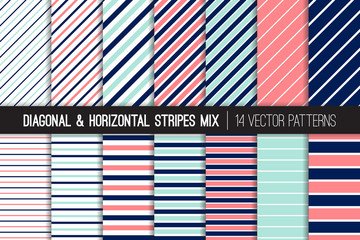 Navy Blue, Coral Pink, Aqua Diagonal and Horizontal Stripes Vector Patterns. Girly Nautical Pastel Striped Backgrounds. Pin and Candy Stripes. Variable Thickness Lines. Pattern Tile Swatches Included.