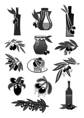 Olives, olive oil bottles and pitchers vector icons