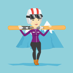 Woman holding skis vector illustration.