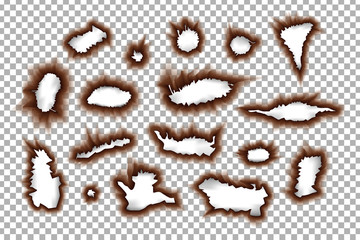 Vector set of realistic burnt paper effects on the transparent background for decoration.