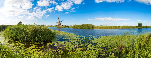 Rolgordijnen Windmills and canal in Kinderdijk © Sergii Figurnyi