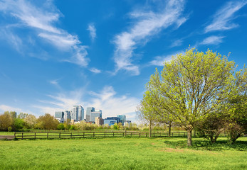 Canary Wharf skyline in springtime