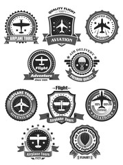Aviation badges and air trip tour vector symbols