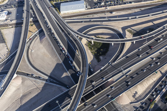 Aerial view of routes 15 and 95 freeway interchange ramps in downtown Las Vegas, Nevada.
