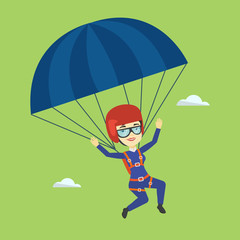 Young happy woman flying with parachute.