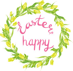 Tulip flowers wreath greeting card. Vector Easter Watercolor illustration