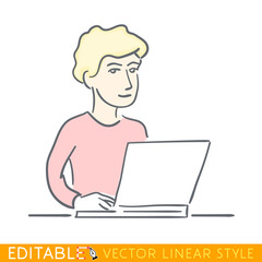 Fototapeta na wymiar Student using laptop. Editable line sketch. Stock vector illustration.