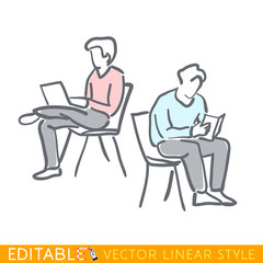 Fototapeta na wymiar Students read laptop and book. Editable line sketch. Stock vector illustration.
