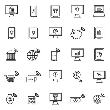Online banking line icons on white background