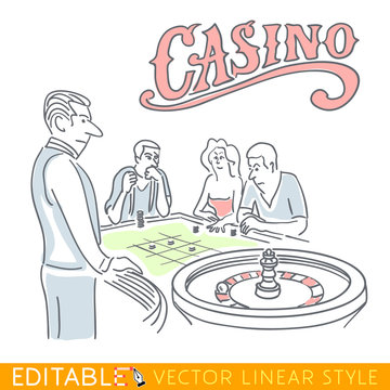 Casino Roulette funny caricature. Hand drawn sketch editable stock illustration.