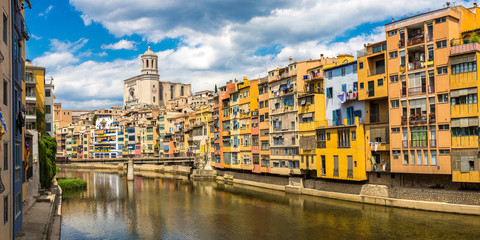 Colorful houses and Eiffel bridge in Girona