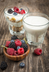 Healthy breakfast with Fresh greek yogurt, flakes and berries