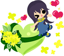 A cute girl and a heart of yellow flowers