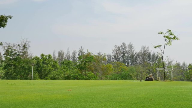 4k.water springer in garden. Springer watering the grass around