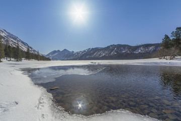 The Multa River in early spring, view from the lower Lake of Multin