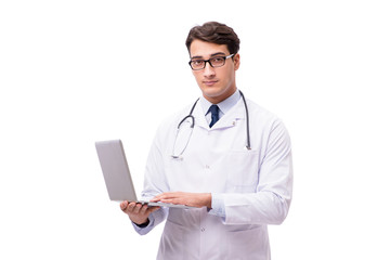 Doctor with laptop isolated on white background