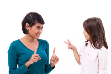 mother teaching basic math, counting method to her daughter