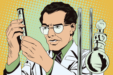 Scientist working at the laboratory. Stock illustration. People in retro style.