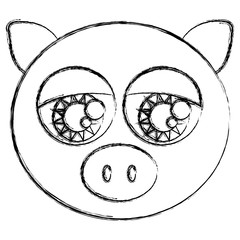 blurred sketch silhouette face cute pig animal with big eyes vector illustration